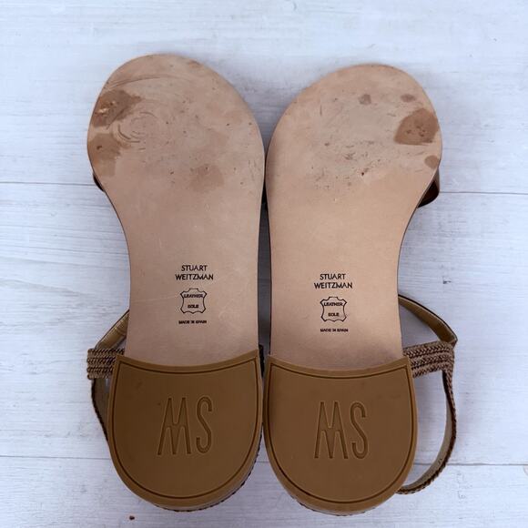 Stuart Weitzman Leather Sandals Size 11.5 Brown Twisted Ankle Strap Flat Classic - Picture 11 of 13